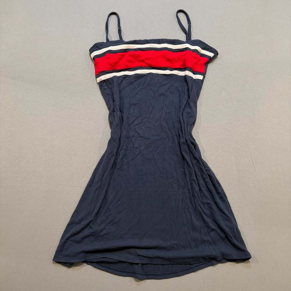 Hollister Navy Blue Ribbed Tank Dress with Red and White Striped Panel Size L